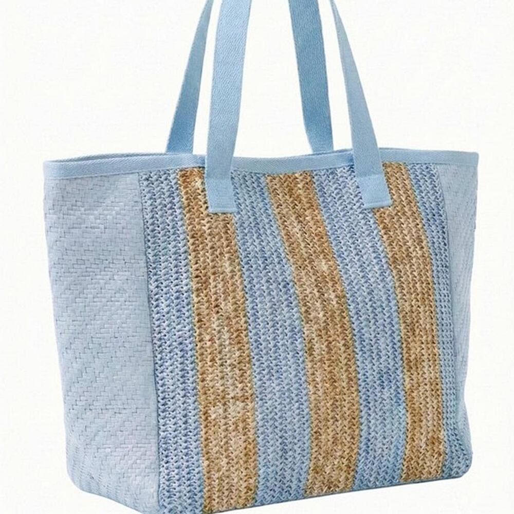 Nautical Stripe Paper Straw Tote Bag Blue